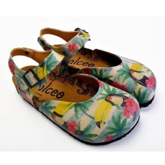 CALCEO | Yellow Toucan Print Mary Jane Clogs | Size 36 (US 5.5) - Picture 1 of 5